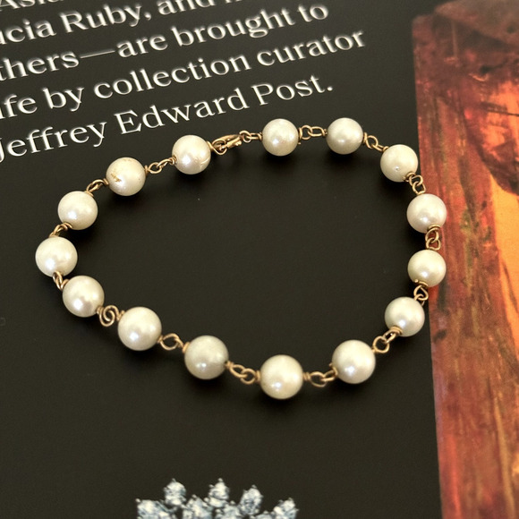 Vintage 14K Yellow Gold Genuine Pearl 6MM Cream Station Bracelet 6.5" - Picture 3 of 14